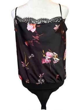 Victoria’s Secret Satin Floral Cowl Neck Bodysuit Open Back Lace Detail L